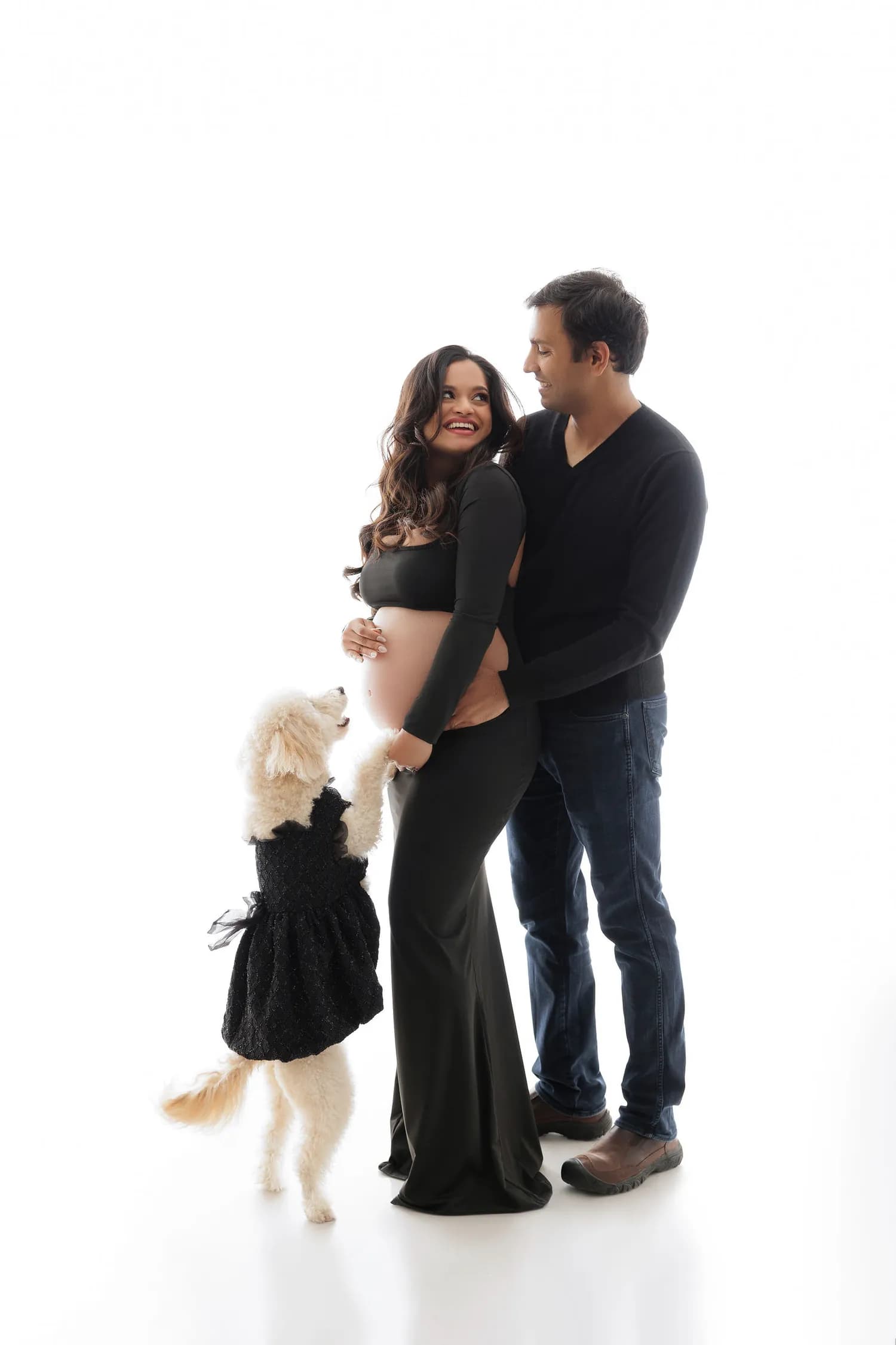 Expecting couple in black laughing as a small white dog in a dress jumps up to them