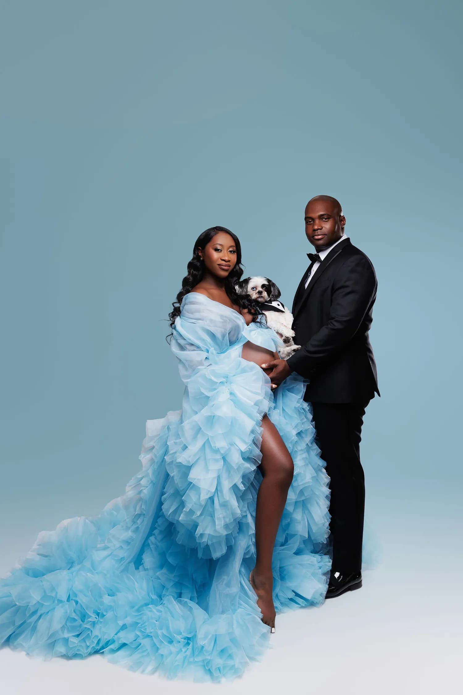 An expecting couple in formal wear holding a small dog in a tuxedo against a blue backdrop